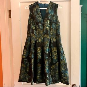 Vince Camuto Sleeveless Brocade Dress with Green Teal & Gold Floral Jacquard